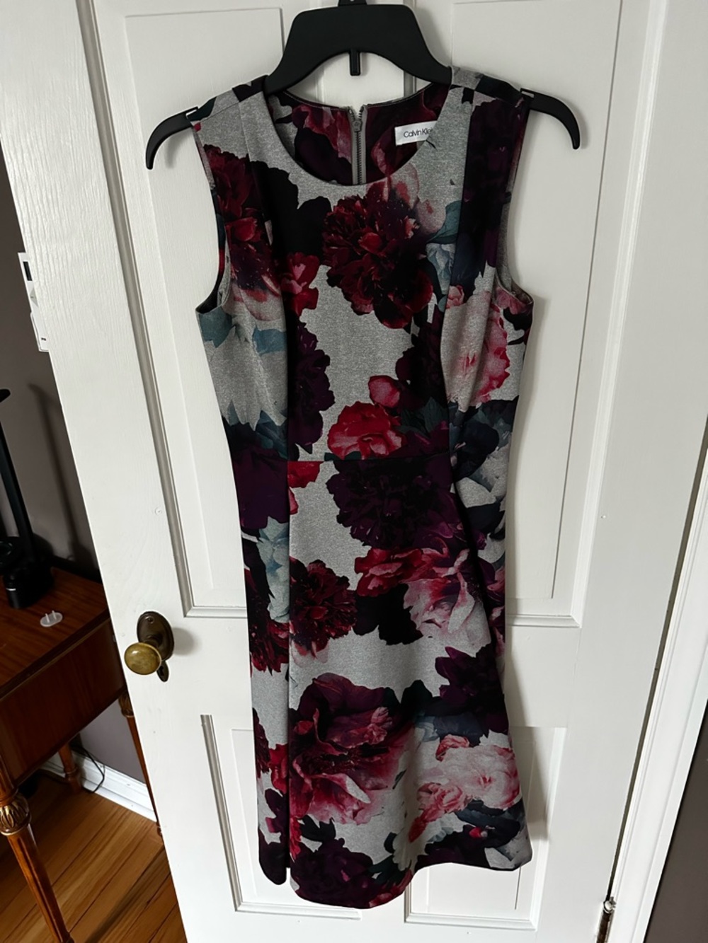 Calvin Klein Gray Sheath Dress with Burgundy and Purple Floral Print